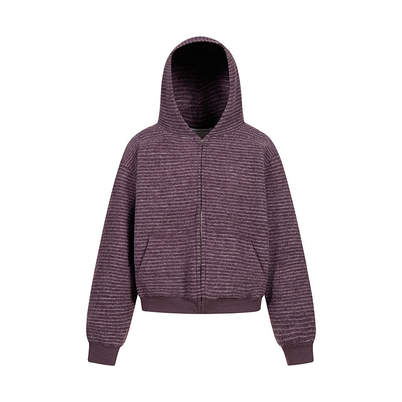 Damen Kurz geschnittene Kapuzen‑Zipjacke mit horizontalem Streifenrelief und elastischem Bund Nord Taschen