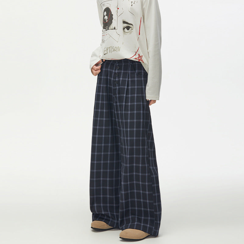 Damen Karierte Extraweite High-Waist Palazzo-Hose mit Knopfleiste Nord Taschen