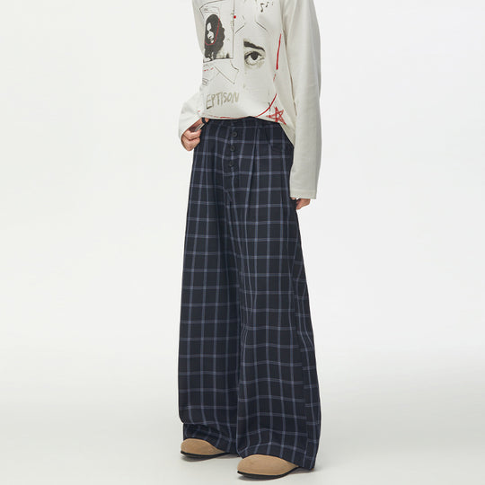 Damen Karierte Extraweite High-Waist Palazzo-Hose mit Knopfleiste Nord Taschen