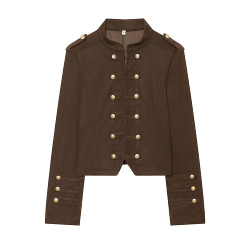 Damen Cropped Militärjacke mit Stehkragen, Epauletten und Zierknopfleiste Nord Taschen