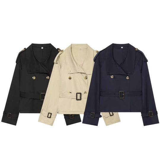 Damen Kurztrench im Boxy‑Stil mit doppelreihigem Verschluss, Schnallenärmeln und Taillengürtel Nord Taschen