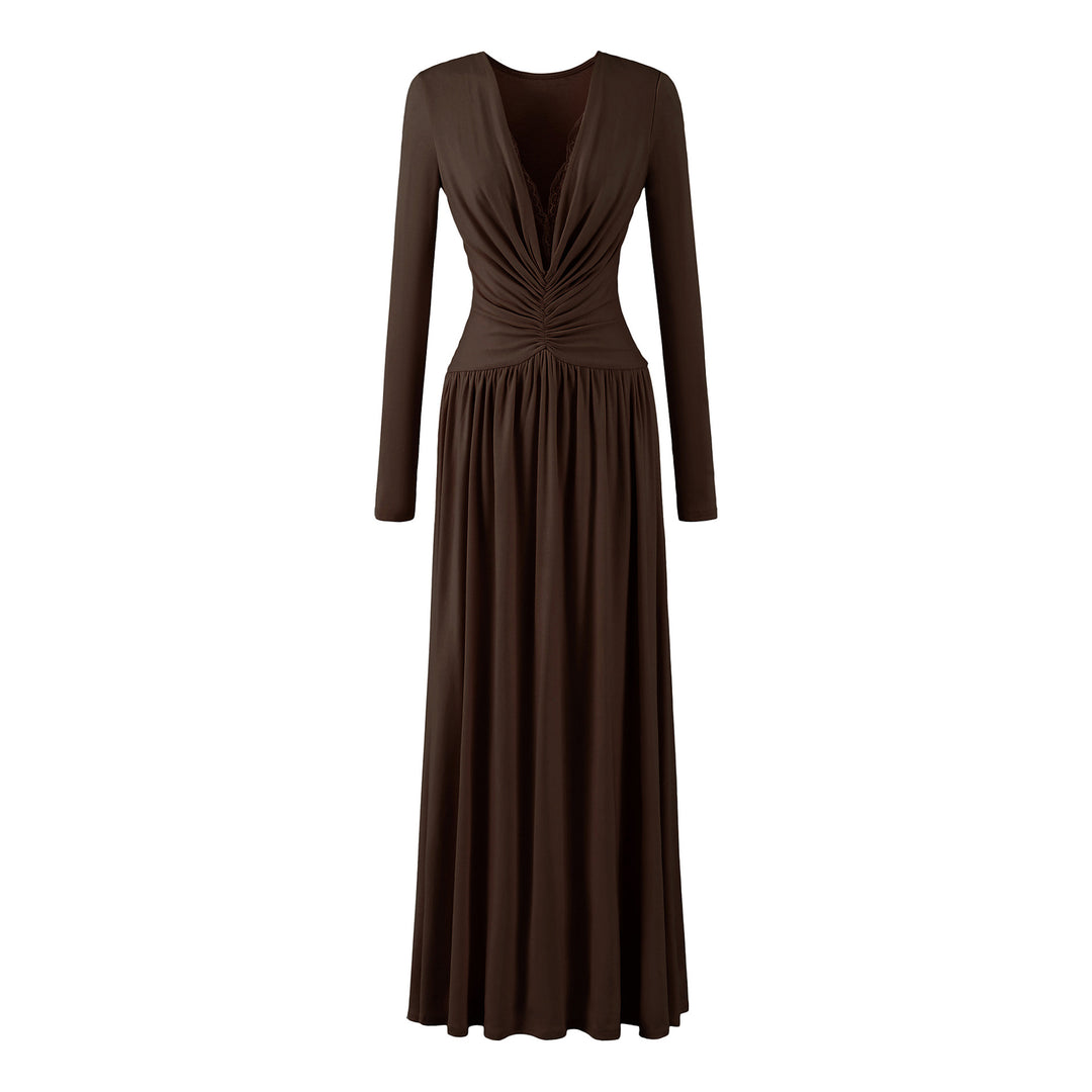 Damen Maxikleid mit gerafftem Wickeloberteil, tiefem V‑Ausschnitt und Spitzenbesatz Nord Taschen