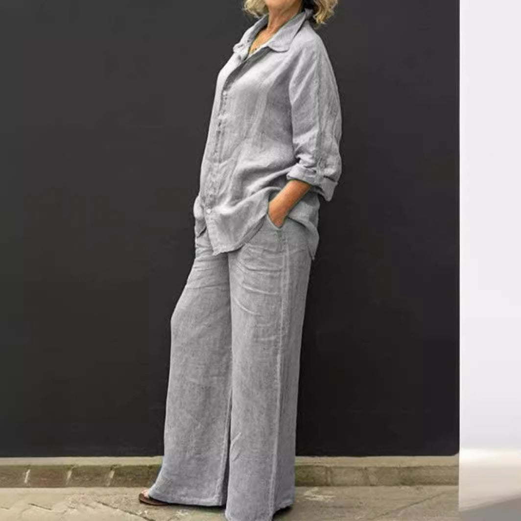 Damen Entspanntes Leinen-Set mit Oversize-Hemd und weiter Palazzo-Hose Nord Taschen