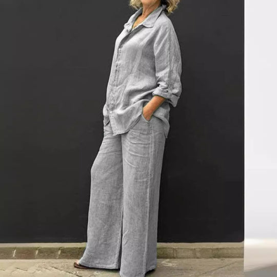 Damen Entspanntes Leinen-Set mit Oversize-Hemd und weiter Palazzo-Hose Nord Taschen