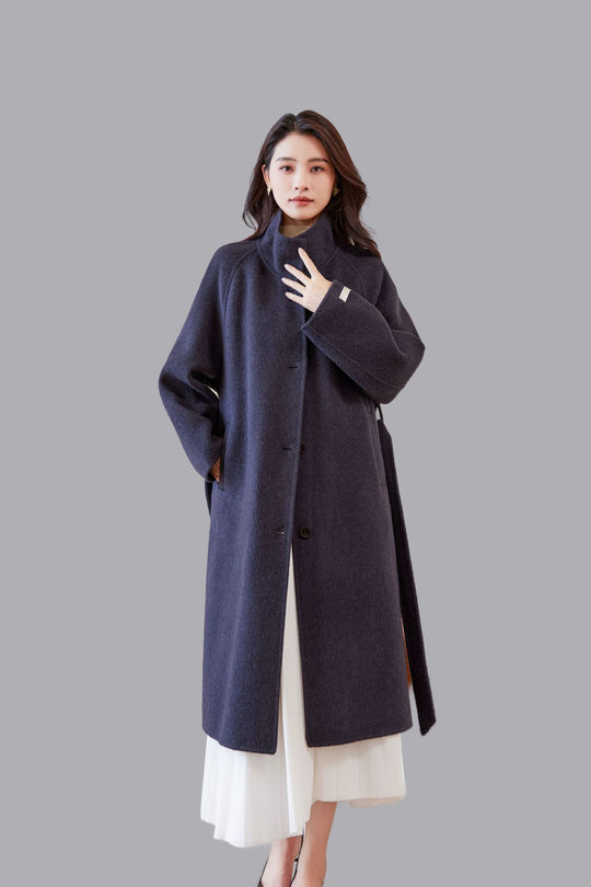 Damen Oversize Wollmantel mit Stehkragen und Taillengürtel Nord Taschen