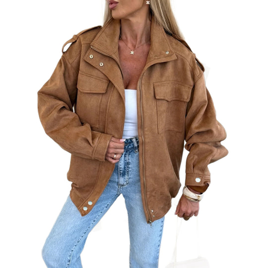 Damen Oversized Jacke in Wildleder-Optik mit Brusttaschen und Epauletten Nord Taschen