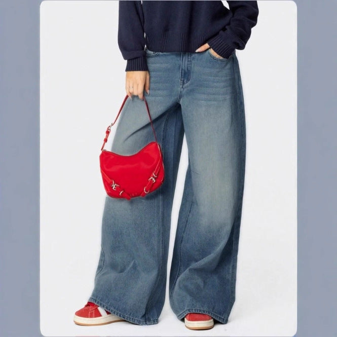 Damen Extraweite High-Waist Denim-Palazzohose mit langem Schlag Nord Taschen