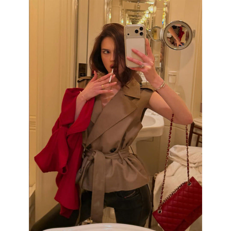 Damen Ärmellose taillierte Trench‑Weste mit Bindegürtel & Schulterpatten Nord Taschen