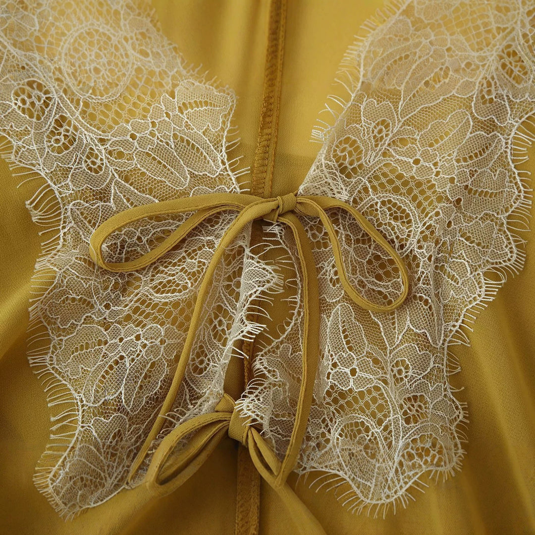 Damen Leichter Chiffon-Kimono mit Spitzenbesatz und Bindeband Nord Taschen