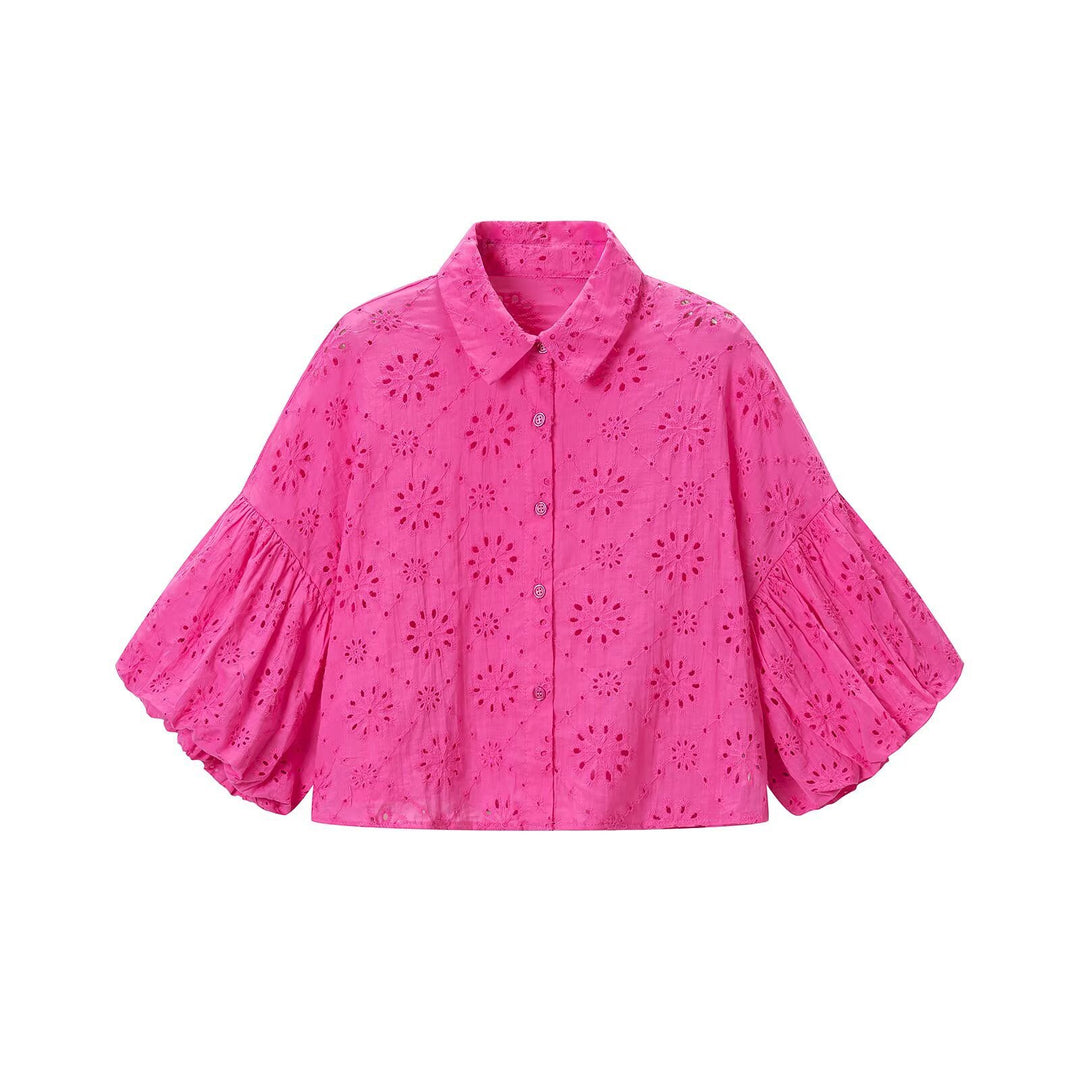 Damen Broderie‑Anglaise Bluse mit weiten Volantärmeln und Hemdkragen Nord Taschen