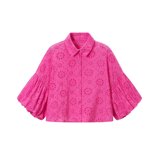 Damen Broderie‑Anglaise Bluse mit weiten Volantärmeln und Hemdkragen Nord Taschen