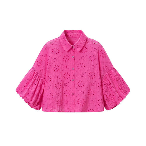 Damen Broderie‑Anglaise Bluse mit weiten Volantärmeln und Hemdkragen Nord Taschen