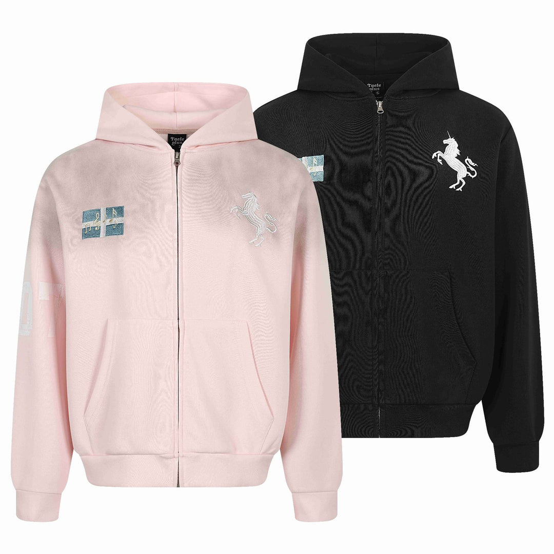 Damen Zip-Hoodie mit gesticktem Einhorn-Motiv und Musikpatch Nord Taschen