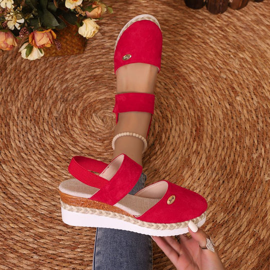 Damen  Espadrille-Keilpantoletten mit elastischem Fersenriemen, Veloursoptik-Obermaterial und geflochtenem Jute-Plateau Nord Taschen