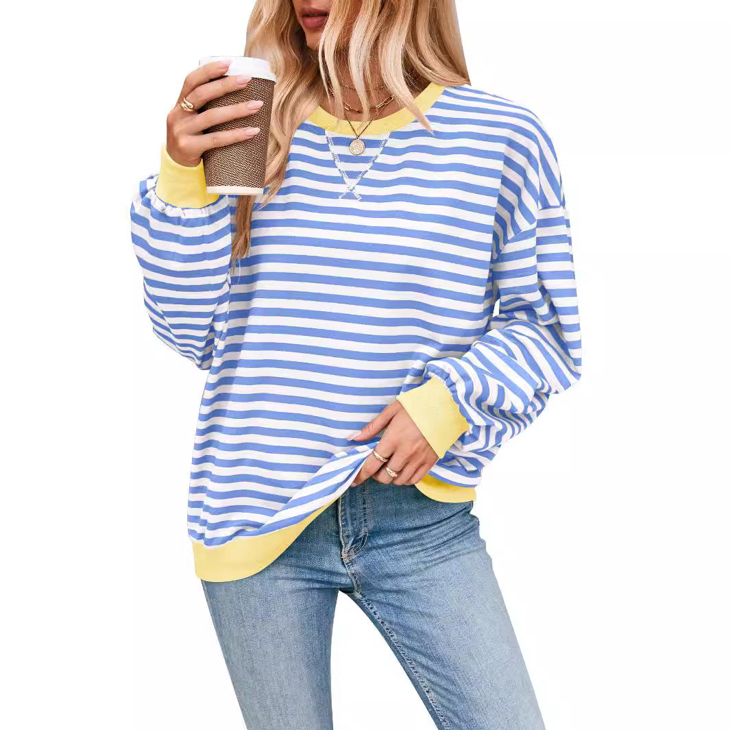 Damen lässiger Oversized Sweatshirt mit bunten Streifen und Kapuzenkordel
