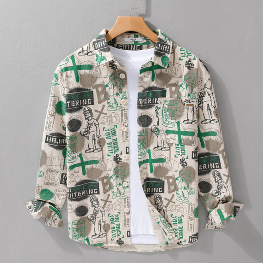 Herren Künstlerisches Grafik-Overshirt im Relaxed-Layering mit Allover-Sketchprint und Soft‑Touch‑Baumwollmix Nord Taschen