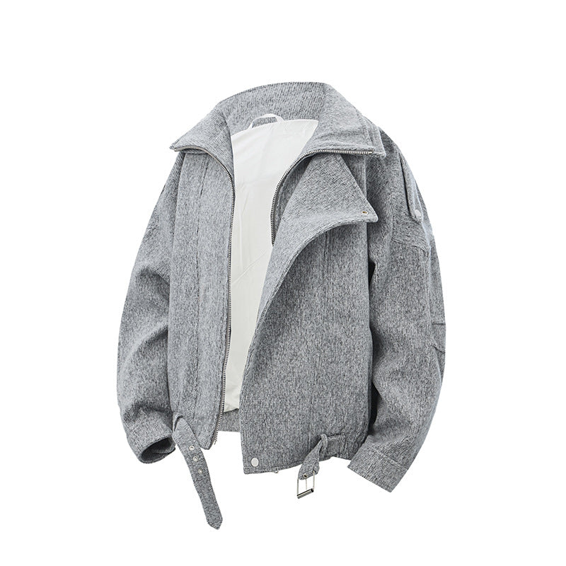 Damen Kurz geschnittene Wollmix-Bikerjacke mit asymmetrischer Front und Taillengürtel Nord Taschen