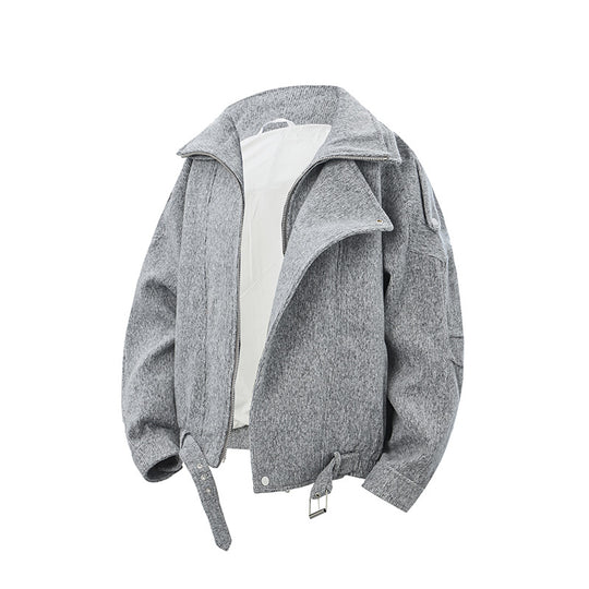 Damen Kurz geschnittene Wollmix-Bikerjacke mit asymmetrischer Front und Taillengürtel Nord Taschen
