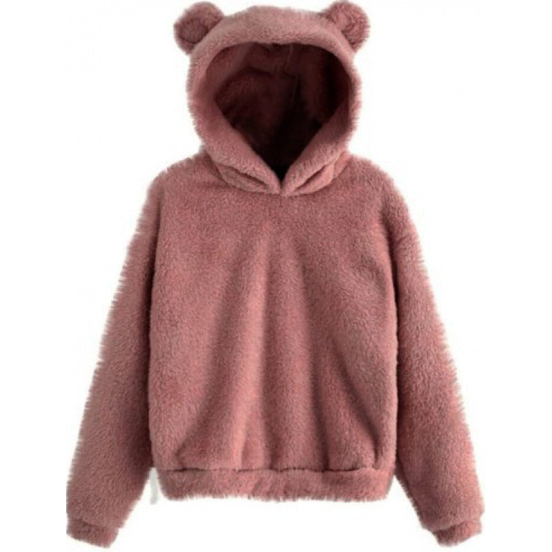 Damen Kuscheliger Teddy-Kapuzenpullover mit Bärenohren und Gummizugsaum Nord Taschen