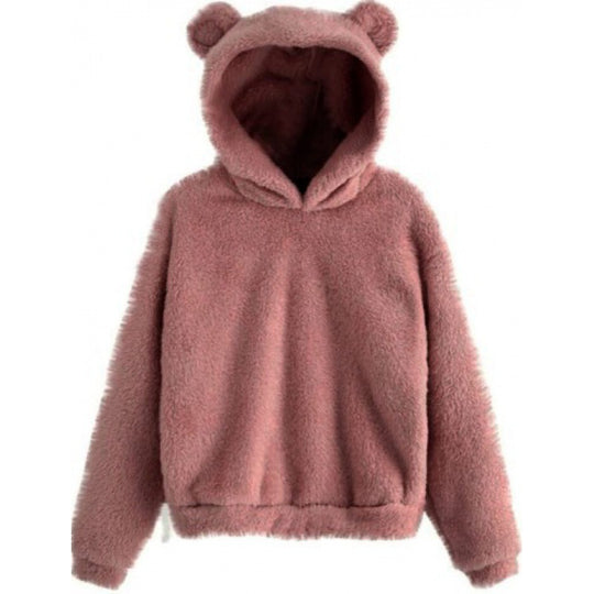 Damen Kuscheliger Teddy-Kapuzenpullover mit Bärenohren und Gummizugsaum Nord Taschen