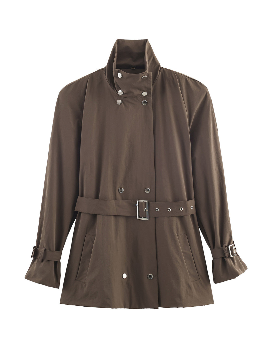 Damen Kurz geschnittener taillierter Trenchcoat mit Stehkragen und Bindegürtel Nord Taschen