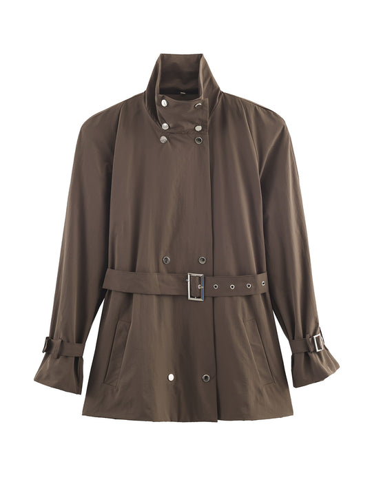 Damen Kurz geschnittener taillierter Trenchcoat mit Stehkragen und Bindegürtel Nord Taschen