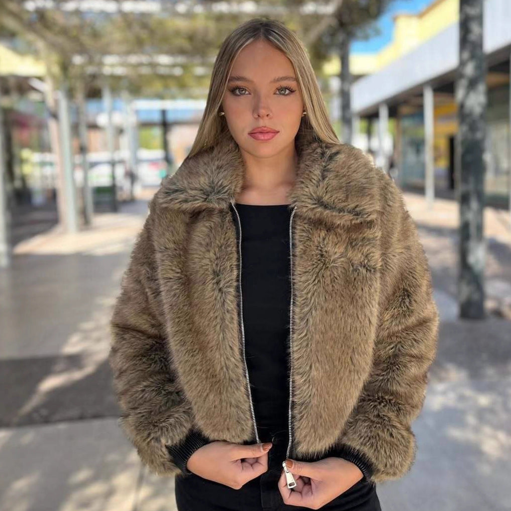 Damen Kurze Faux-Fur Bomberjacke mit Reißverschluss und Rippsaum Nord Taschen