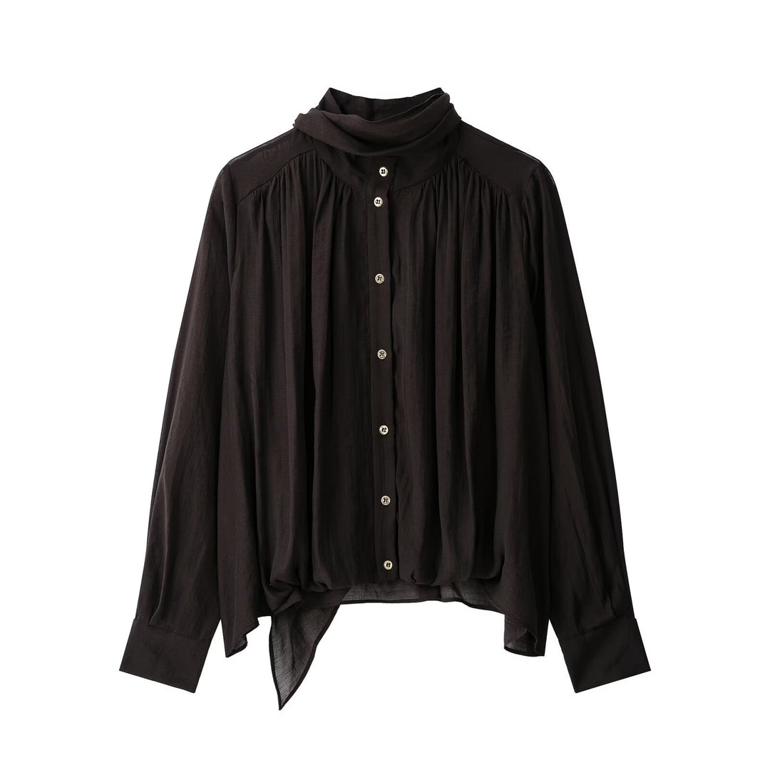 Damen Weiche Chiffonbluse mit Stehkragen, Knopfleiste und asymmetrischem Saum Nord Taschen