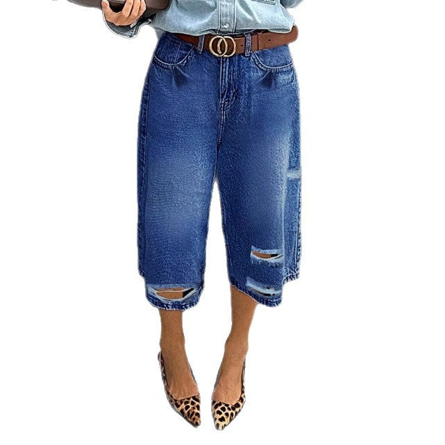 Damen Hochtaillierte Denim-Culotte mit Destroyed-Einsätzen und rohem Saum Nord Taschen