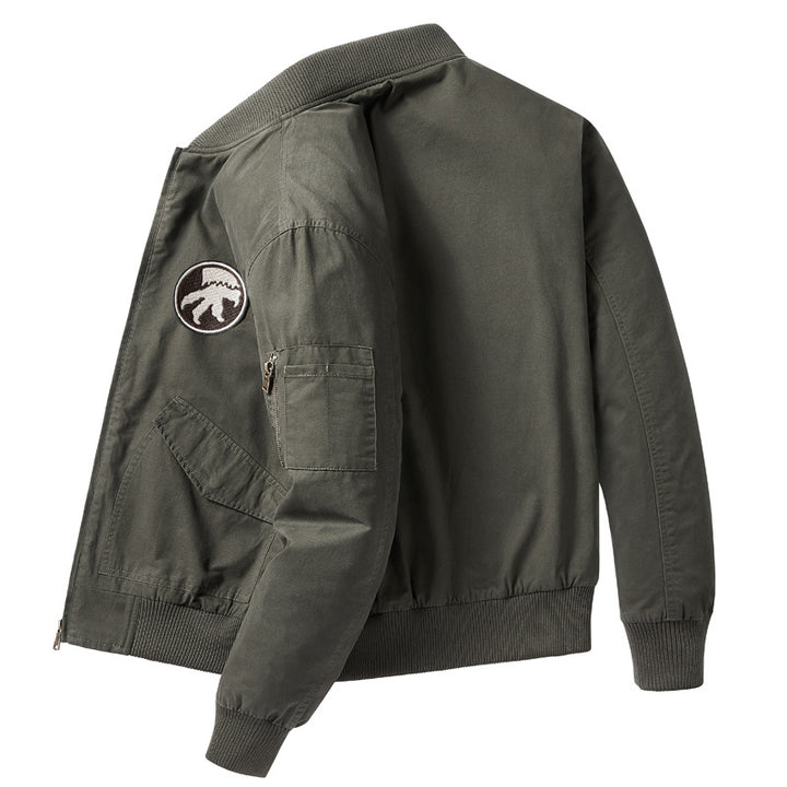 Men's  short-length flight bomber jacket with embroidered shoulder patch sleeve zip pocket and ribbed collar cuffs hem Nord Taschen