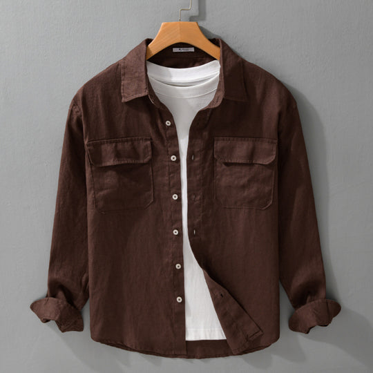 Herren Lockeres Leinen-Overshirt mit Brusttaschen und Knopfleiste Nord Taschen
