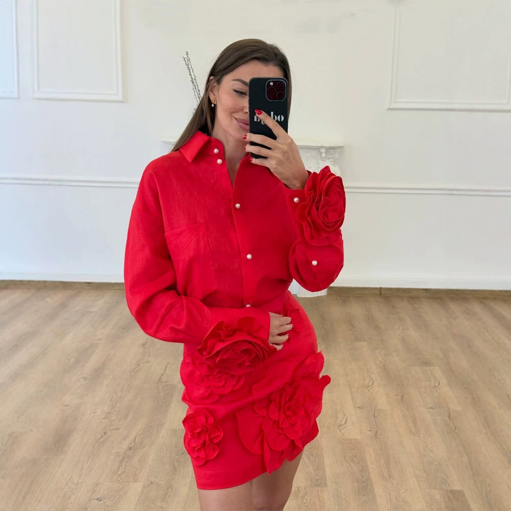 Damen Hemdblusen-Minirock-Set mit voluminösen 3D-Rosenapplikationen und Perlendetails Nord Taschen