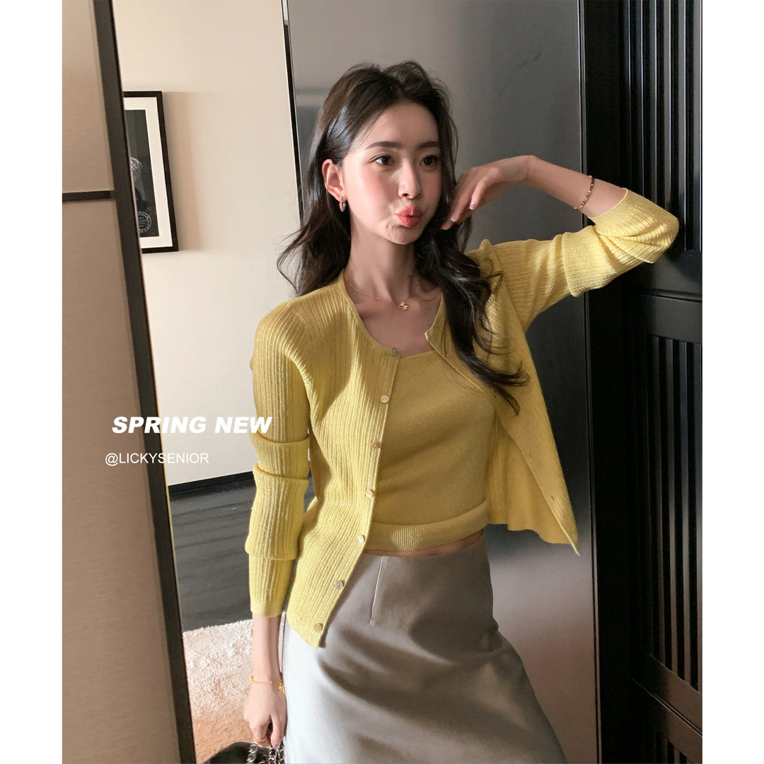 Damen Leichter Rippstrick-Cardigan mit passendem Spaghettitop Nord Taschen