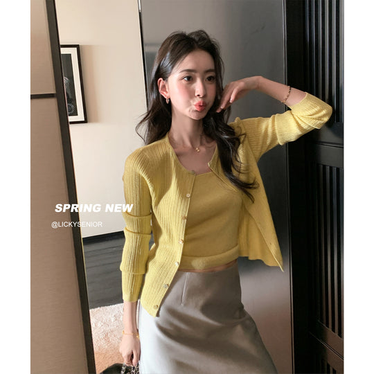 Damen Leichter Rippstrick-Cardigan mit passendem Spaghettitop Nord Taschen