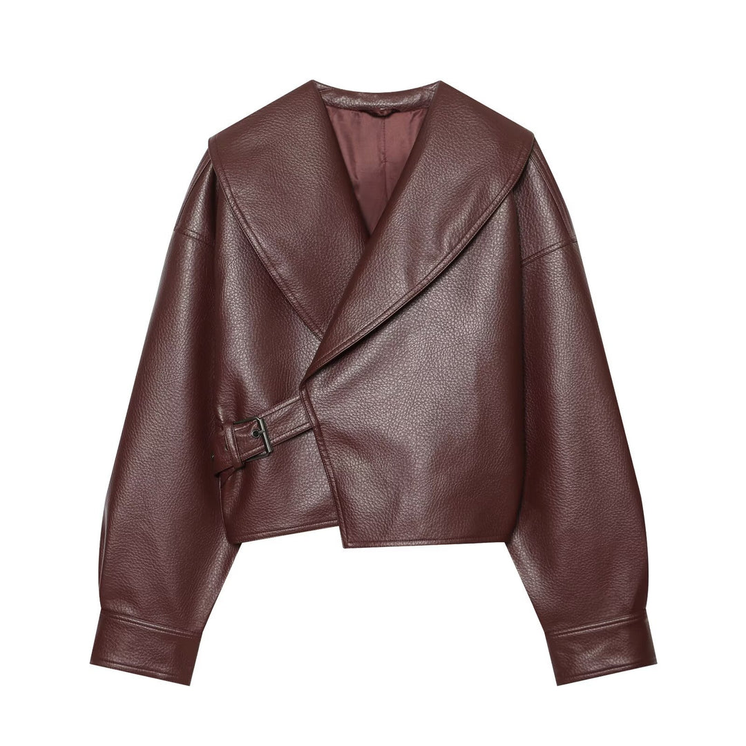 Damen Kurzer Kunstlederblouson mit weitem Schalkragen und Taillenriegel Nord Taschen