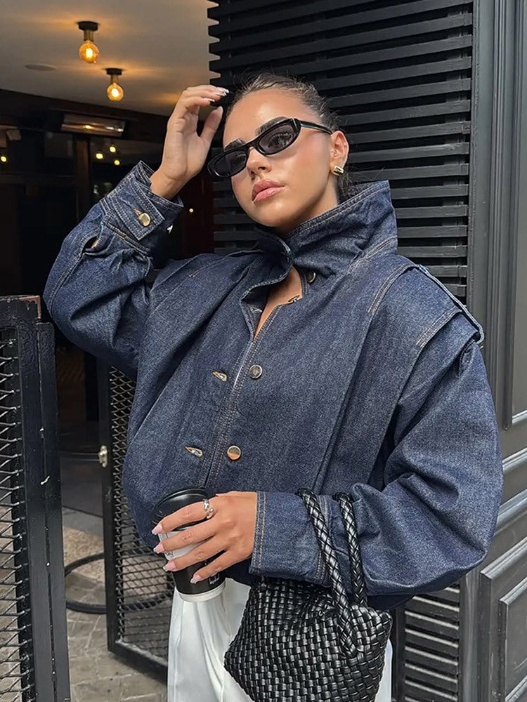 Damen Oversize Jeansblouson mit hohem Stehkragen, Druckknopfleiste und Schulter-Detail Nord Taschen