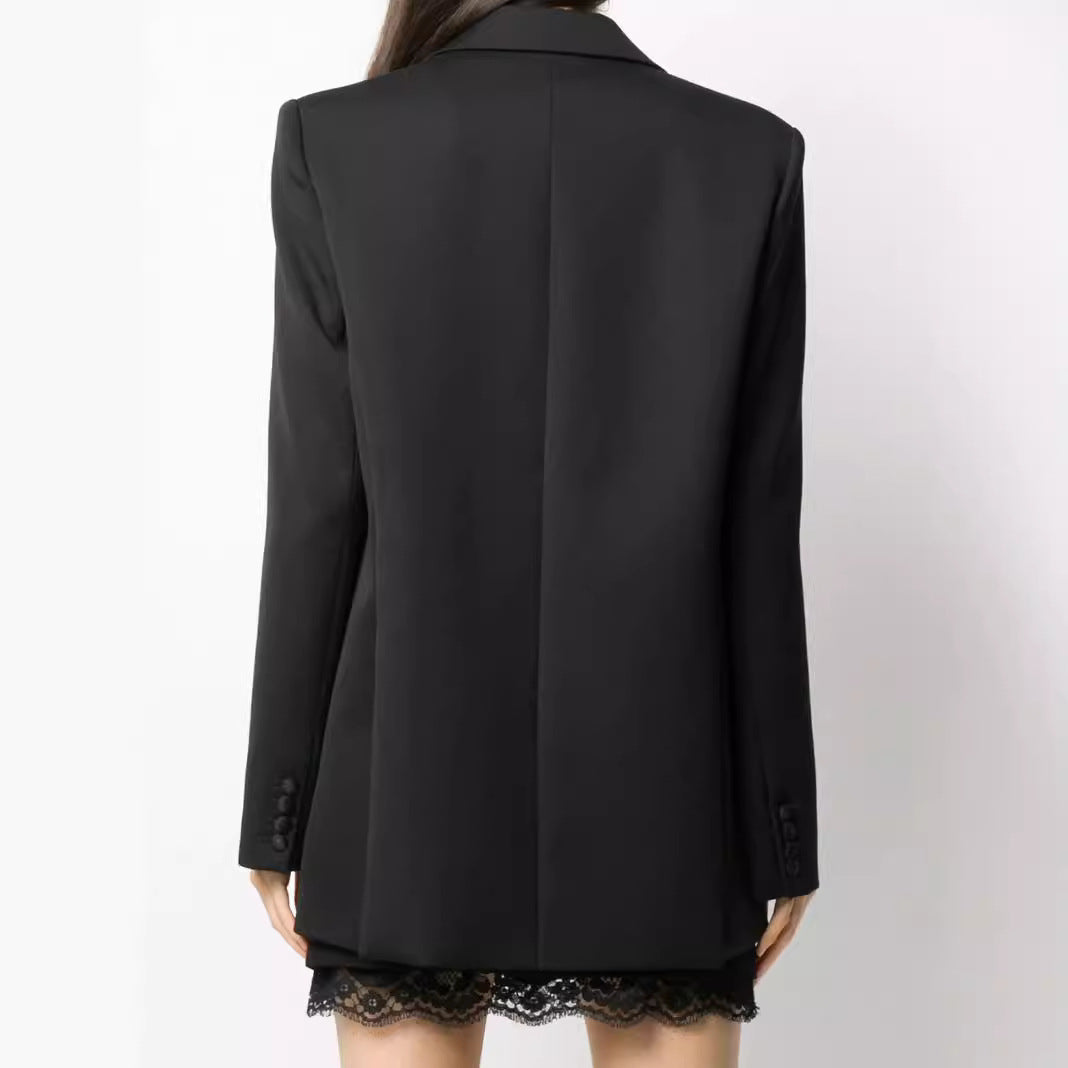 Damen Oversize Einreihiger Longblazer mit Satin-Schalkragen und cleanem Tailoring Nord Taschen