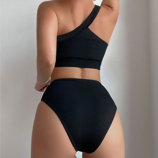Damen Einseitig geschnittener Bikini-Top und hochtaillierte Bikinihose