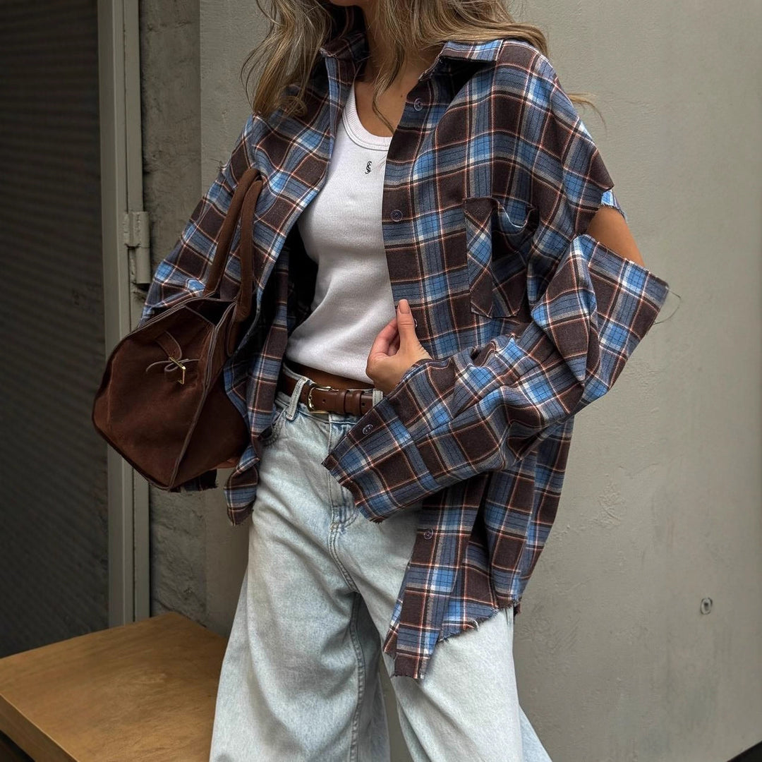 Damen karierte Oversize-Hemdjacke mit Cut-Out-Ärmeln und rohem Saum Nord Taschen