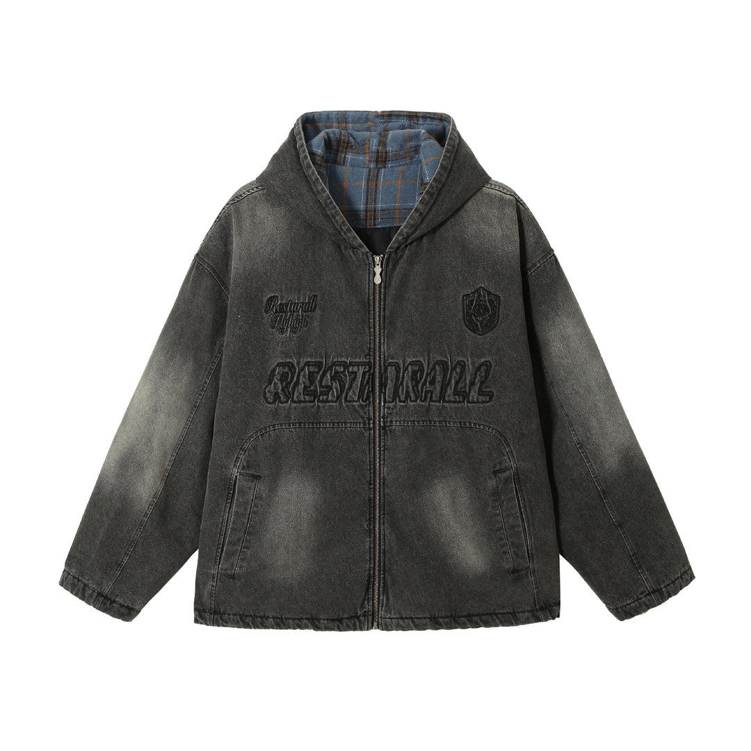 Herren Washed-Denim Kapuzenjacke im Oversize-Look mit kariert gefütterter Kapuze Nord Taschen