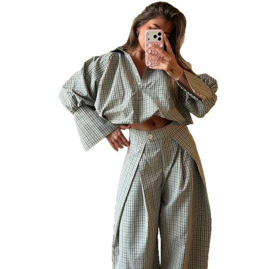 Damen Zweiteiliges kariertes Set mit Cropped Oversize-Hemd und weiter Bundfaltenhose Nord Taschen