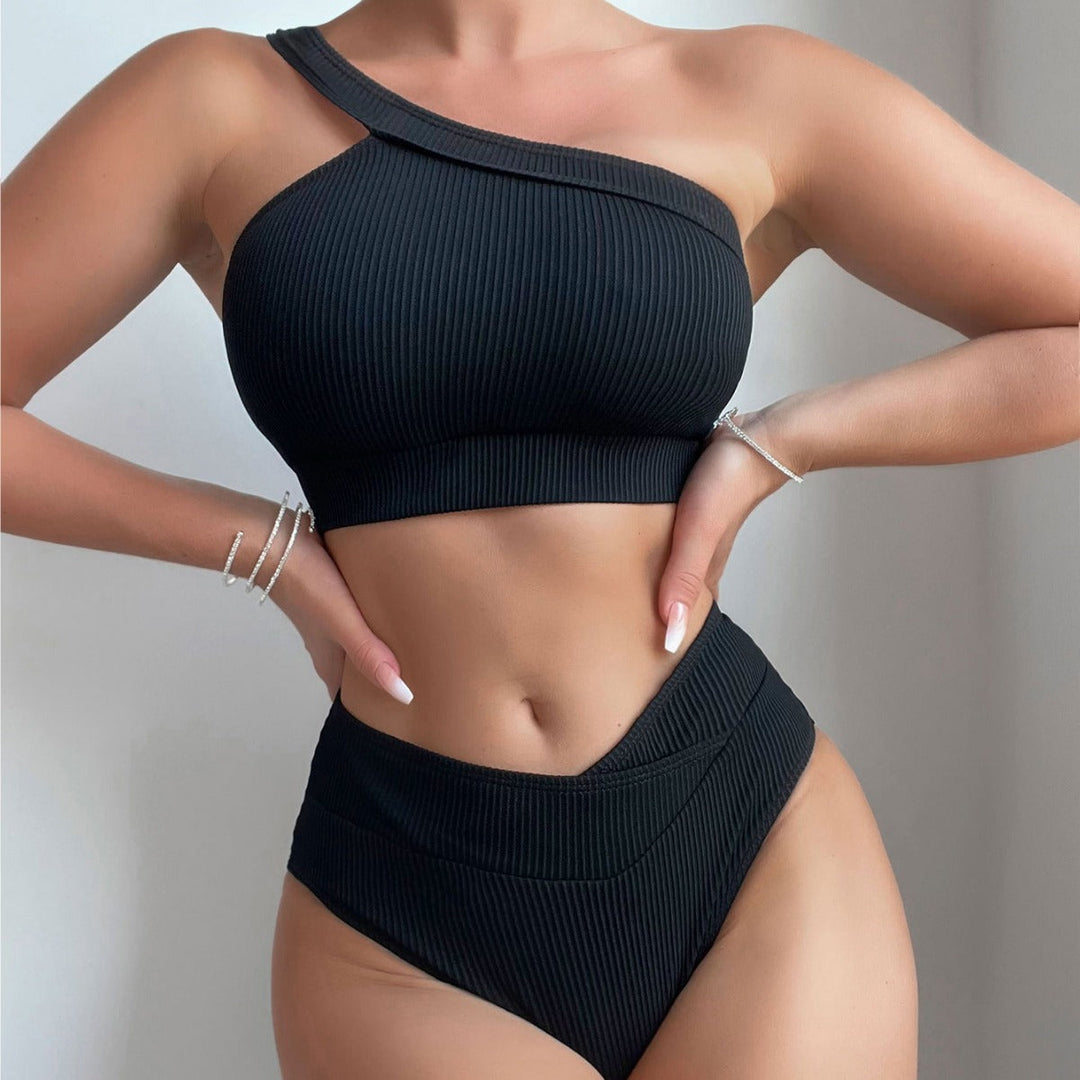 Damen Einseitig geschnittener Bikini-Top und hochtaillierte Bikinihose