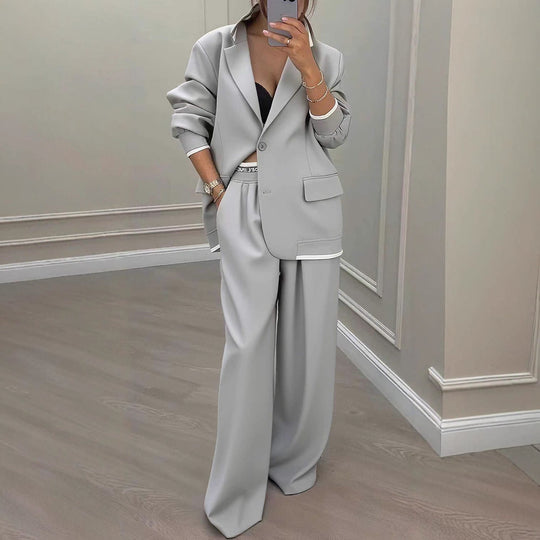 Damen Oversize-Blazer mit Kontrastbesatz und High‑Waist Palazzo‑Hose Zweiteiler Nord Taschen