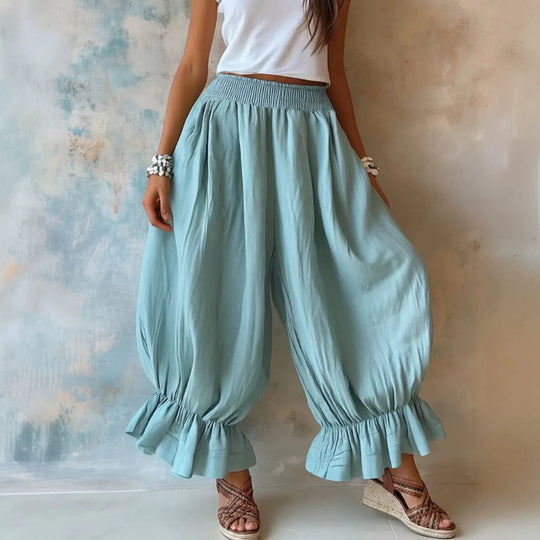 Damen Weite Haremhose mit Rüschenbündchen und Smok‑Taillenbund Nord Taschen