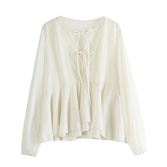 Damen Weiche Chiffonbluse mit Schnürung, V‑Ausschnitt und Volantsaum Nord Taschen