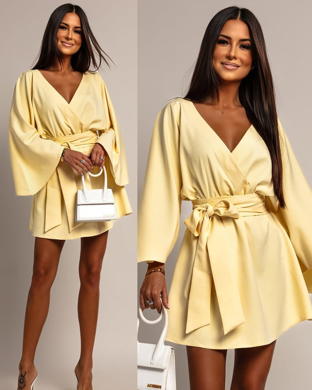 Damen Wickel-Minikleid mit Kimonoärmeln und Taillengürtel Nord Taschen