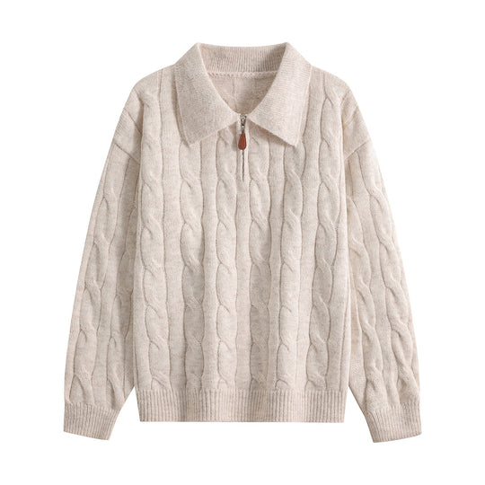 Damen Grobgestrickter Troyer-Pullover mit Halbreißverschluss & Oversize-Kragen Nord Taschen