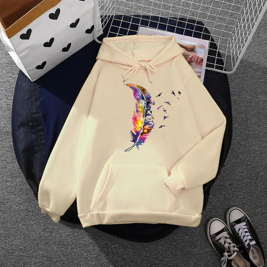 Damen nan Kapuzenpullover mit künstlerischem Aquarell‑Federmotiv, Oversize‑Schnitt und Kängurutasche Nord Taschen