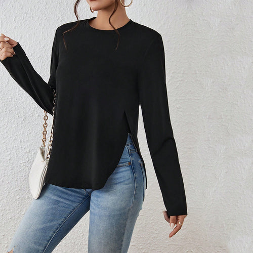 Damen Langarmshirt mit seitlichen Schlitzen, Rundhalsausschnitt und entspannter Casual-Passform Nord Taschen