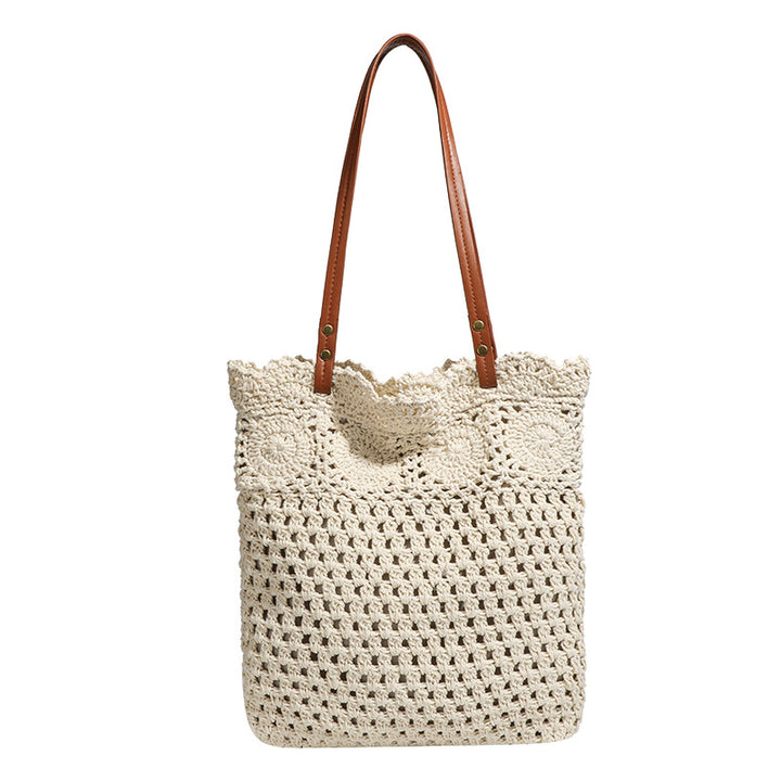 Damen Stricktasche mit elegantem Kunstledergriff und dekorativem Häkeldesign Nord Taschen